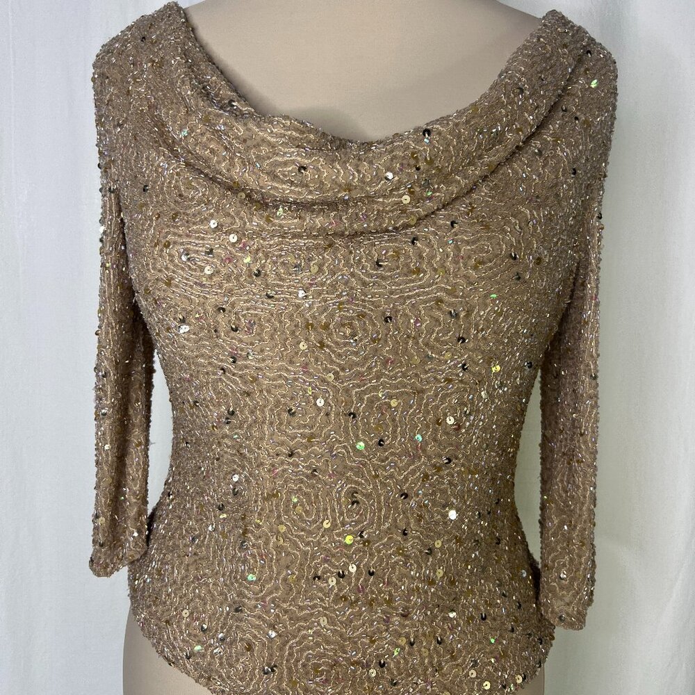 Adrianna Pappel Occasions Gold Sequined Beaded Silk Top Cowl Neck Size 12